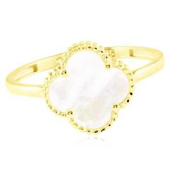 Zlatý prsten Čtyřlístek s bílou perletí ve stylu Vintage - střední