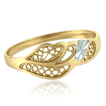 Zlatý prsten s filigrány a gravírovanou květinou - žluto-bílé zlato