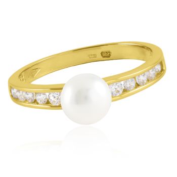 Zlatý prsten s říční perlou a bílými zirkony model Z8035