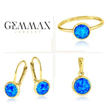 Souprava zlatých šperků s modrými opály Ø 6 mm - náušnice, prsten a přívěsek