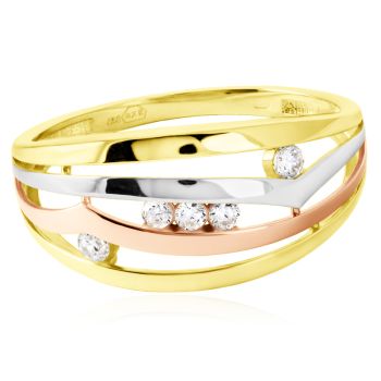Atraktivní prsten ze žluto-bílo-růžového zlata se zirkony