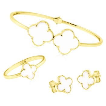 Souprava zlatých šperků Čtyřlístky s bílým onyxem - náušnice, náramek a prsten