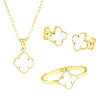 Souprava zlatých šperků Čtyřlístky s bílým onyxem- náušnice, prsten a přívěsek